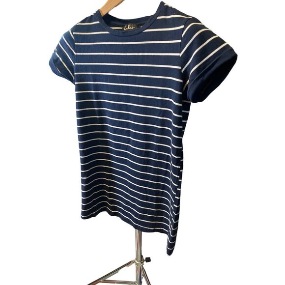 Lulu's Navy White Striped Short Sleeve Crew Neck Top SZ Small - Picture 2 of 8